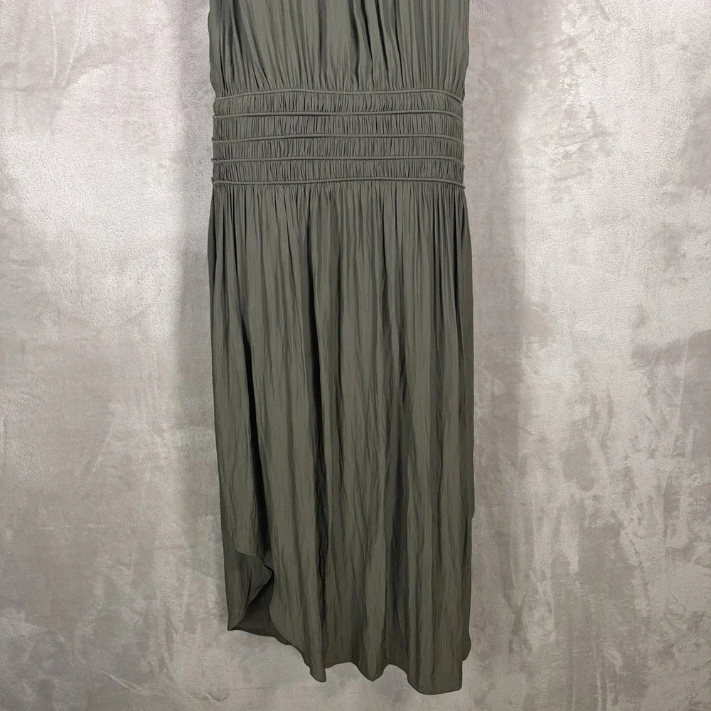Ramy Brook Audrey Midi Dress Womens XS Olive Green Smocked Halter Stretch